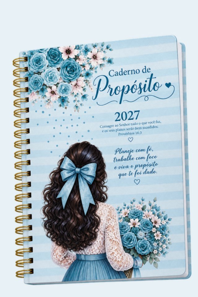 Mockup do Caderno de Propósito 2027: caderno espiral azul com ilustração de uma mulher de costas e flores azuis